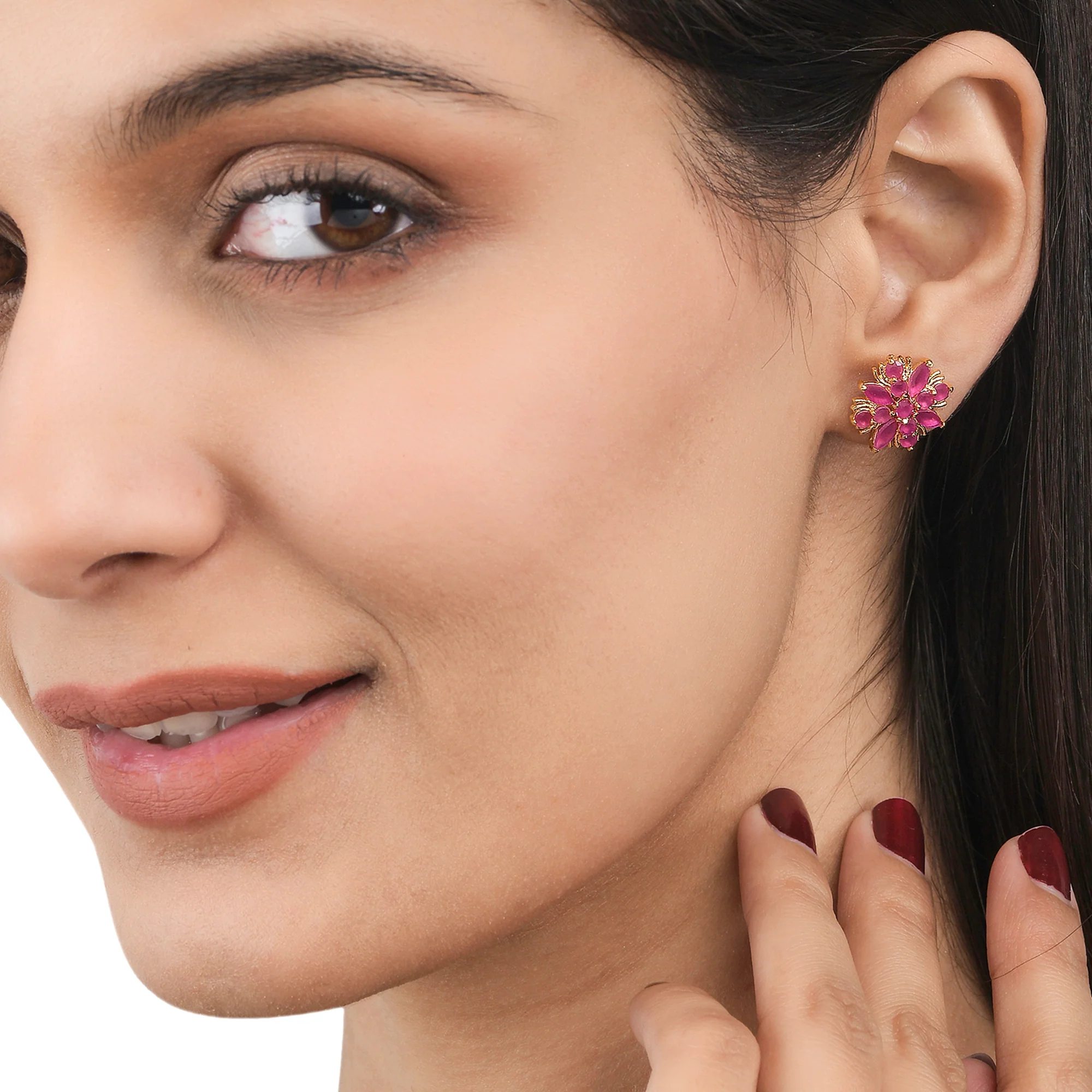 Pink Round and Marquise Cut CZ Floral Stud Earrings - Image 2