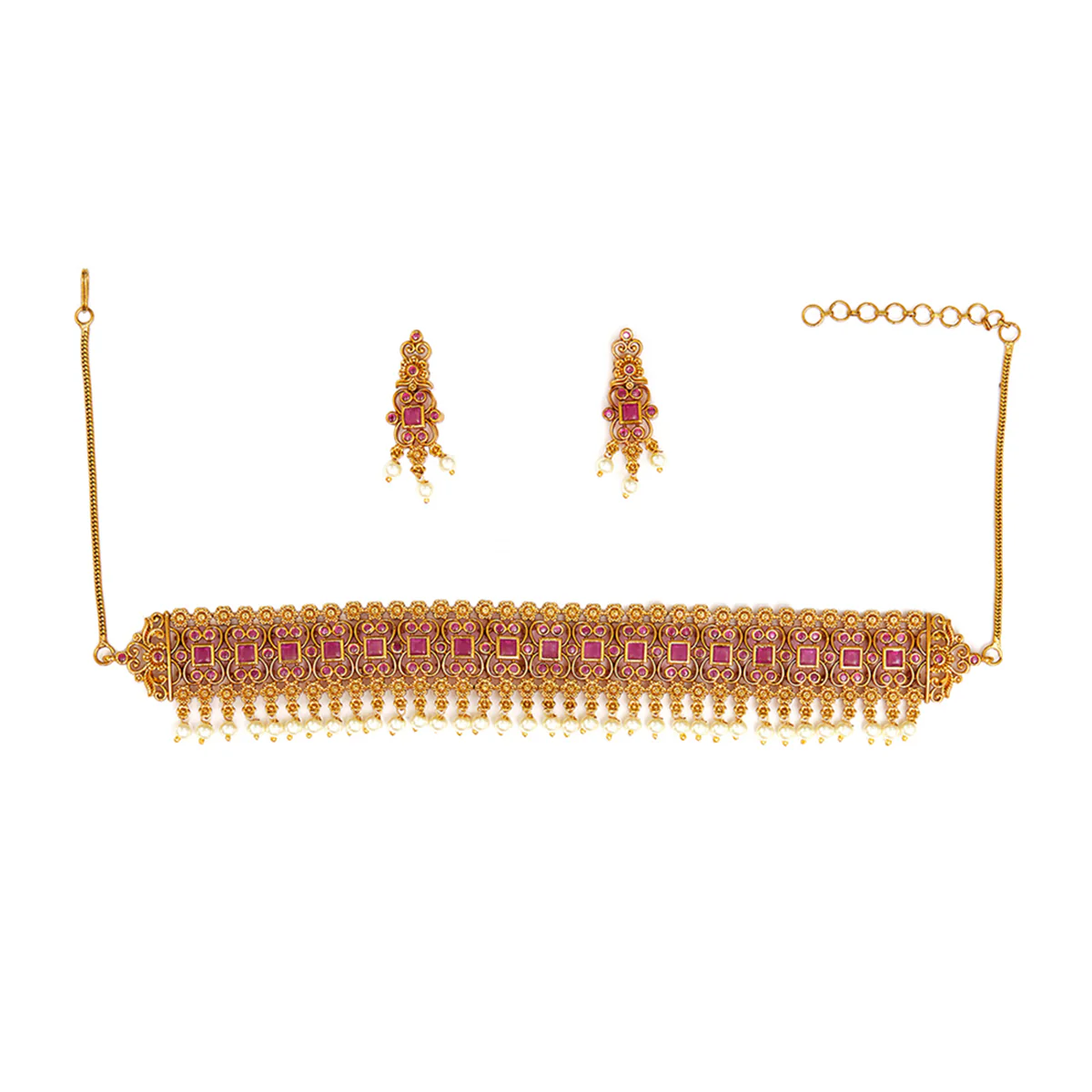 Pink Square Cut CZ and Faux Pearls Brass Gold Plated Choker Necklace Set - Image 3