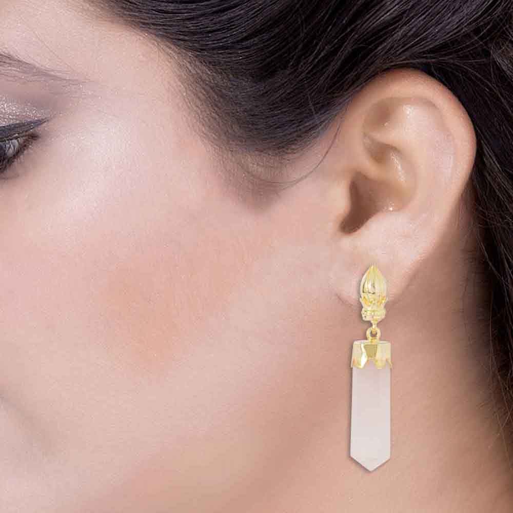 Pink Stone Drop Gold Toned Dangler Earrings - Image 2