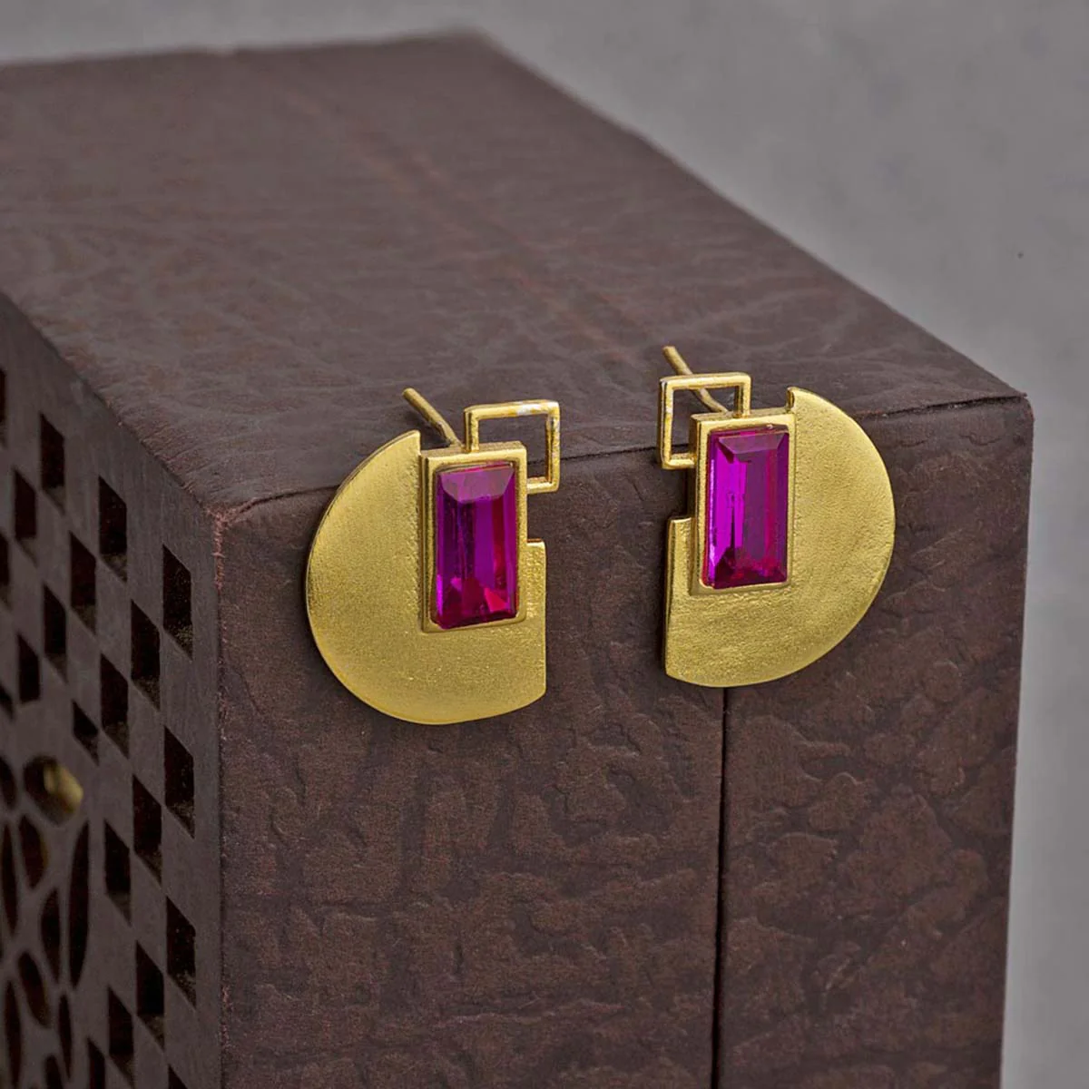 Pink Stone Studded Geomatrix Stud Earrings