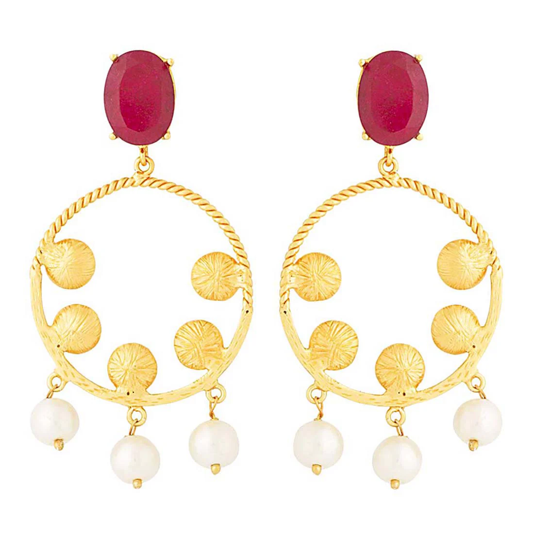 Pink Stone Studded Golden Earrings With Pearl Dangling