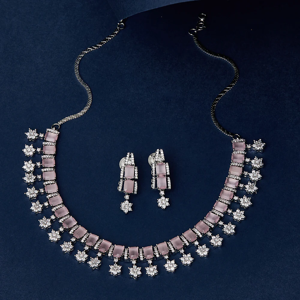 Pink-White CZ Embellished Necklace Set