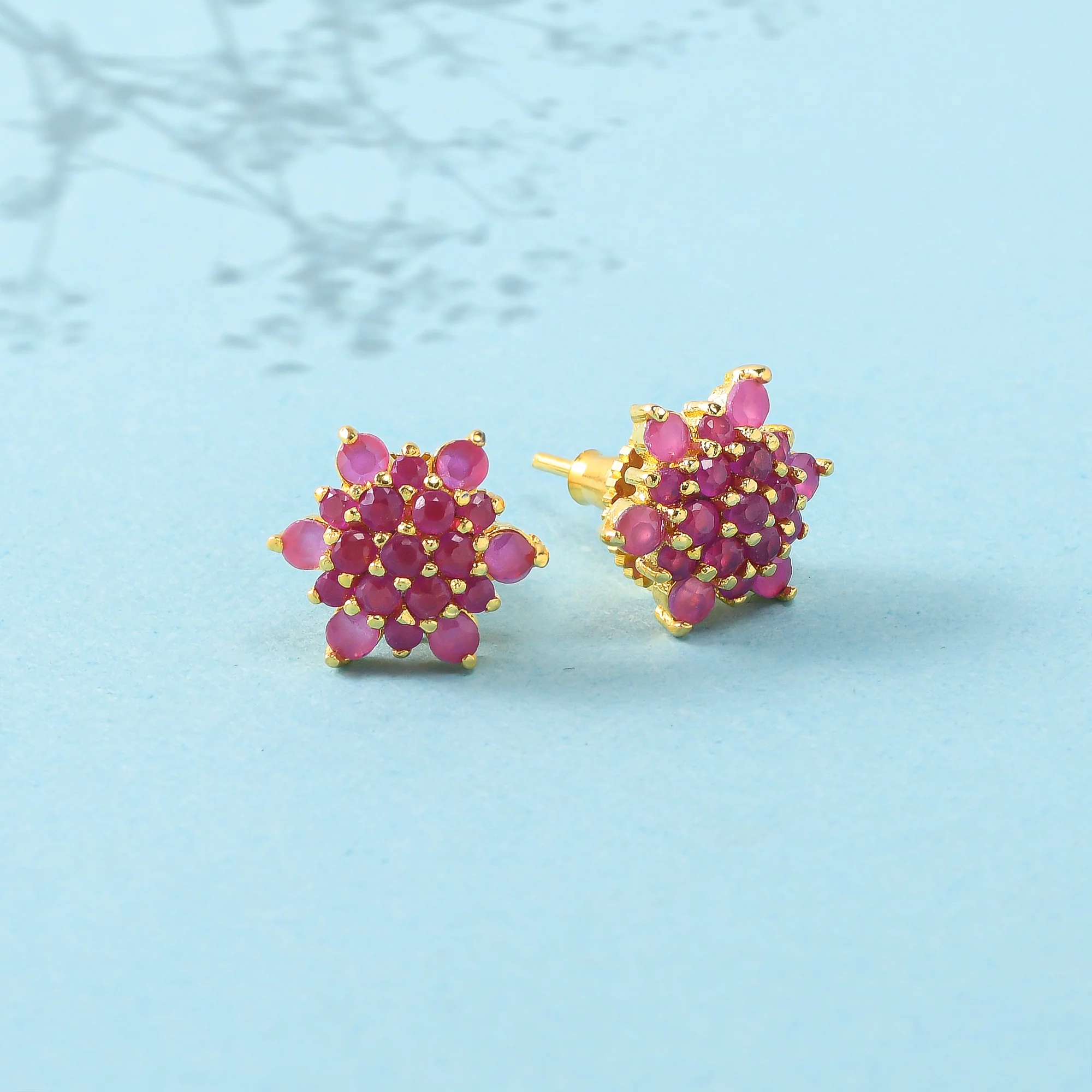 Pink Zircon Gems Floral Stud Earrings
