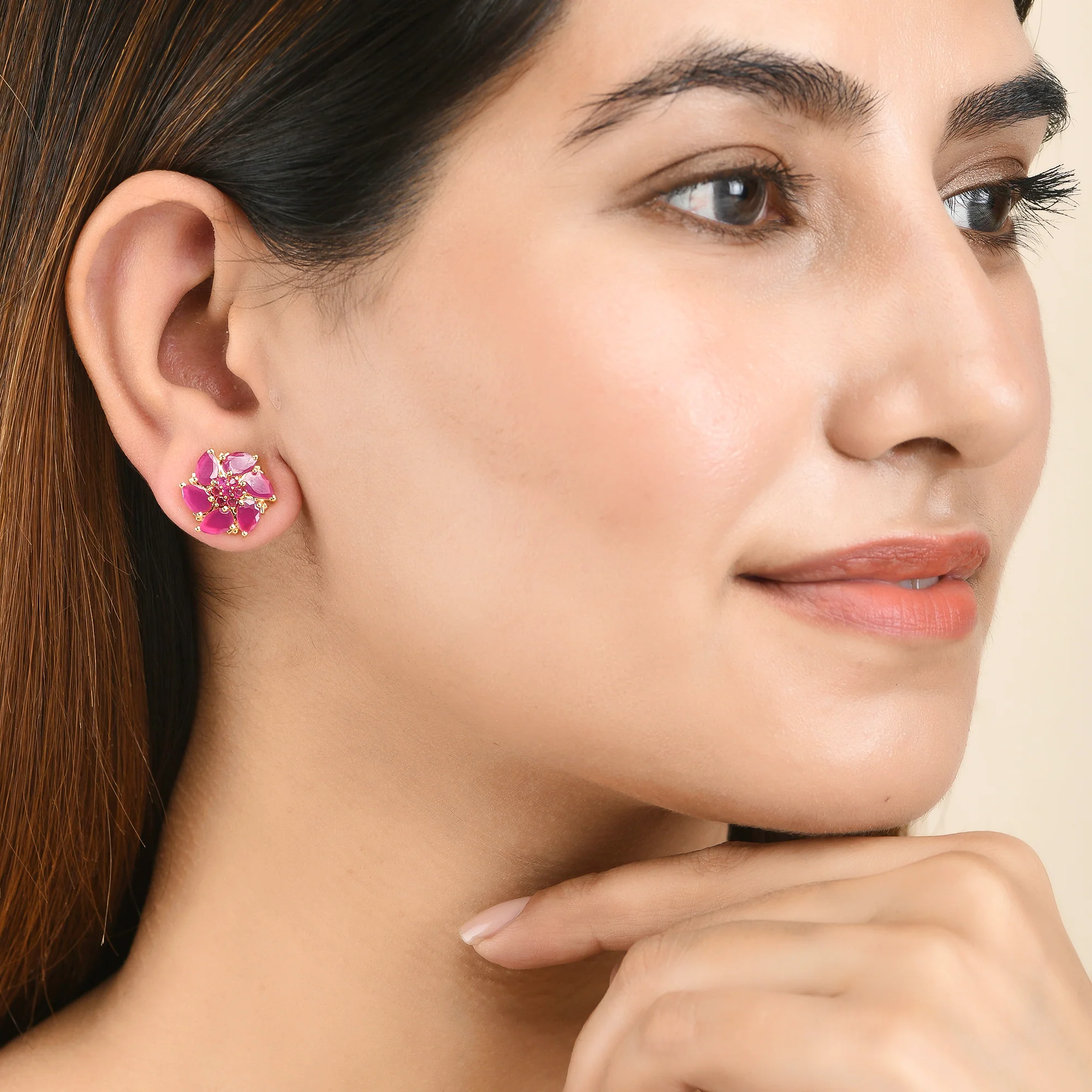Pink Zirconia Gemstones Adorned Stud Earrings - Image 2