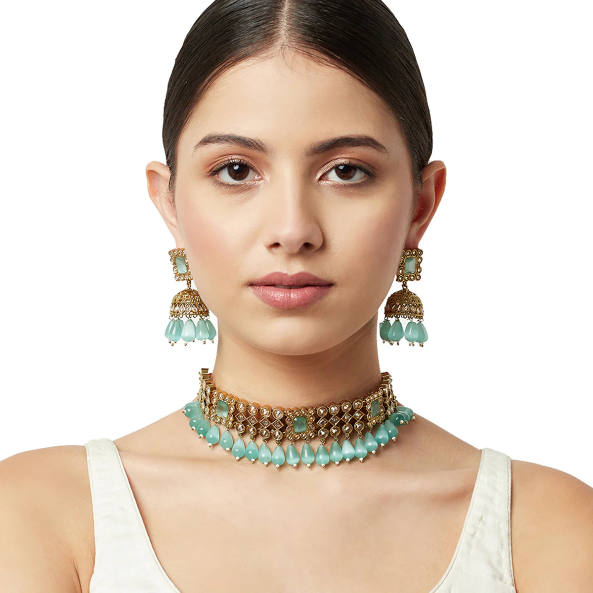 Polki and Blue Gemstones Gold Plated Necklace with Earrings - Image 2