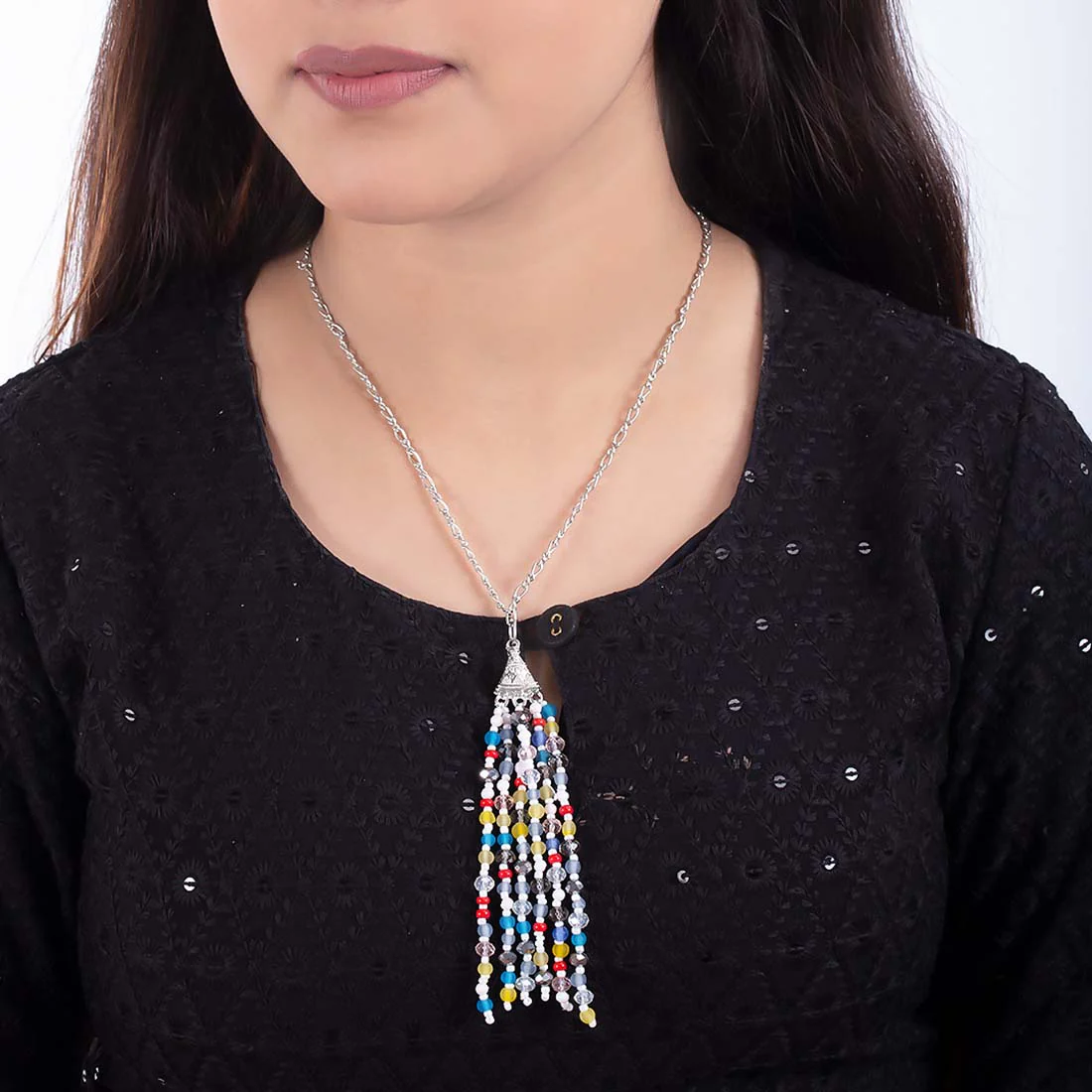 Pop Colored Beads Dangled Tassel Designer Necklace For Women - Image 2