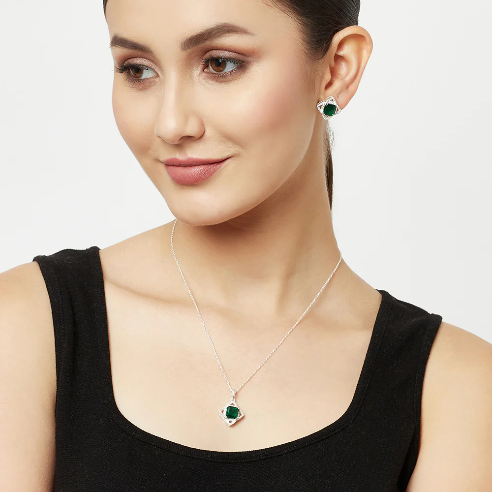 Princess Cut Emerald 925 Sterling Silver Pendant Set - Image 2