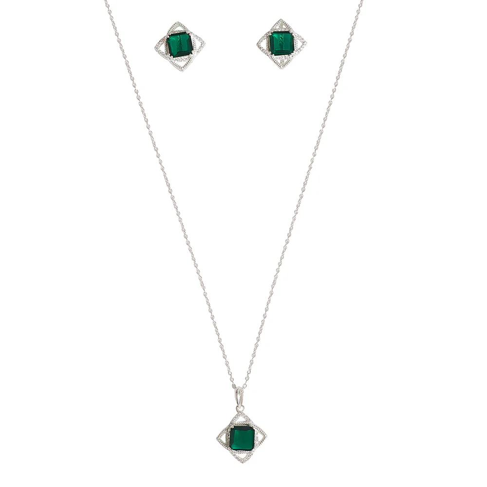 Princess Cut Emerald 925 Sterling Silver Pendant Set - Image 4