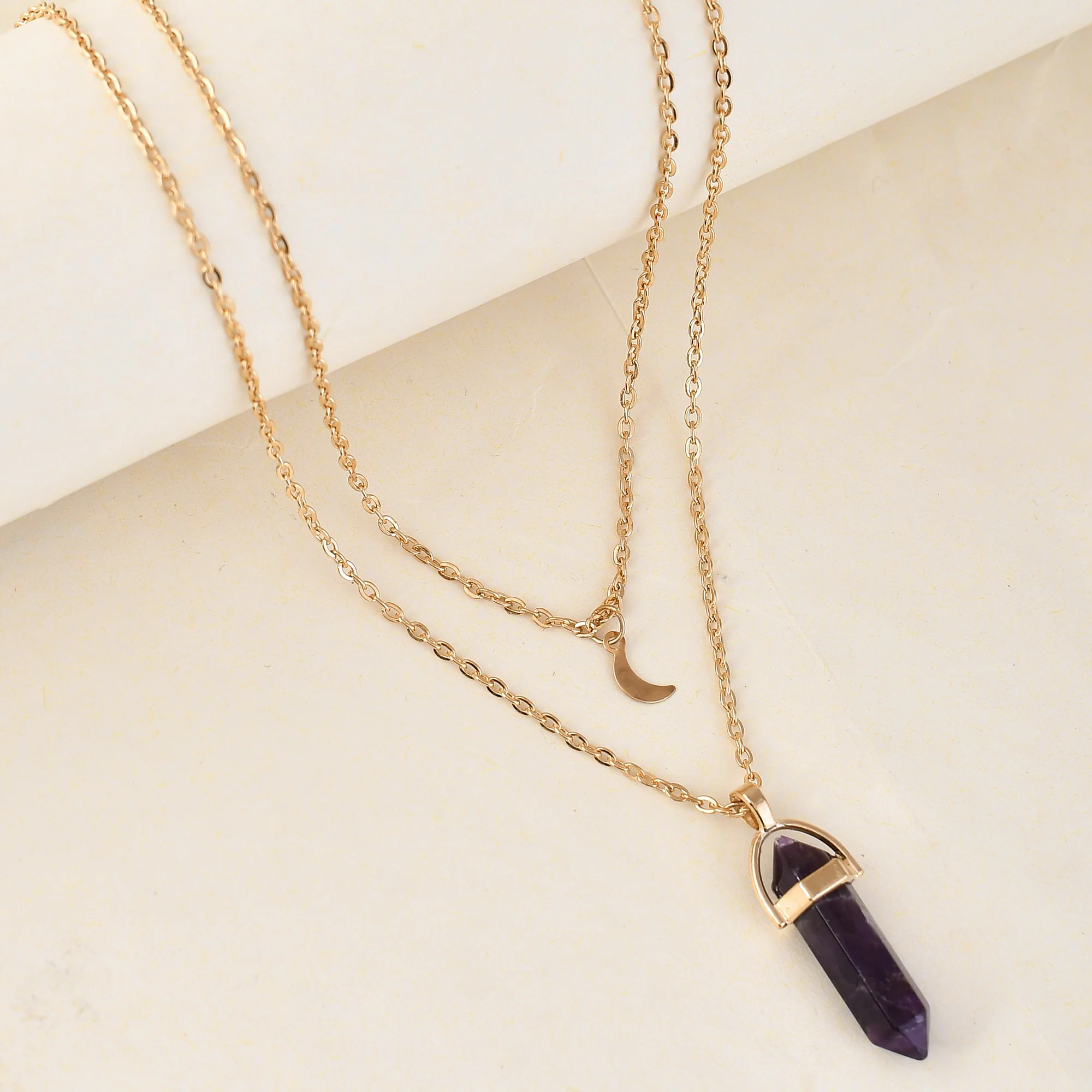 Purple Crystal And Moon Charm Gold-Plated Necklace