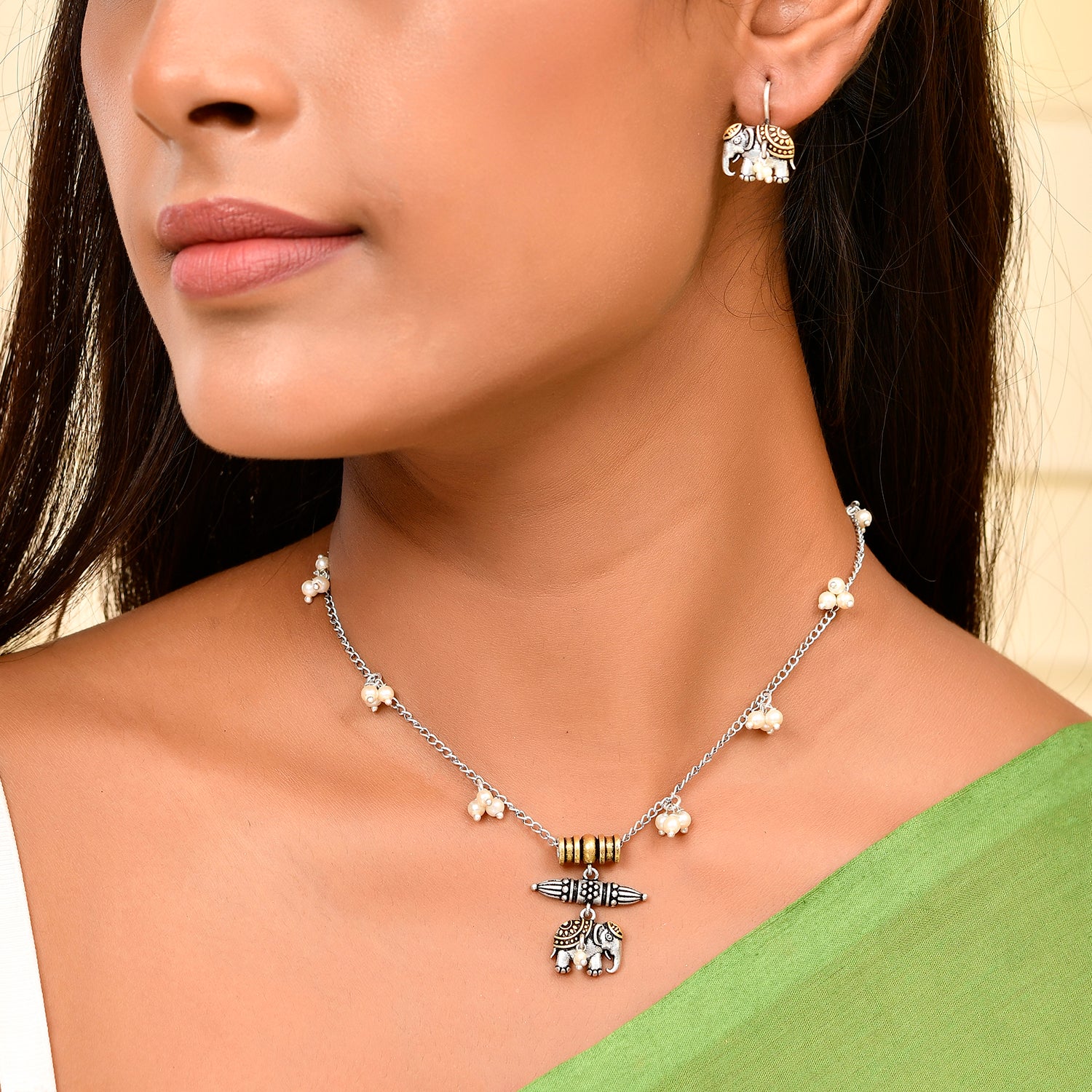 Qasbah Gajraj Oxidised Two Tone Necklace Set - Image 2