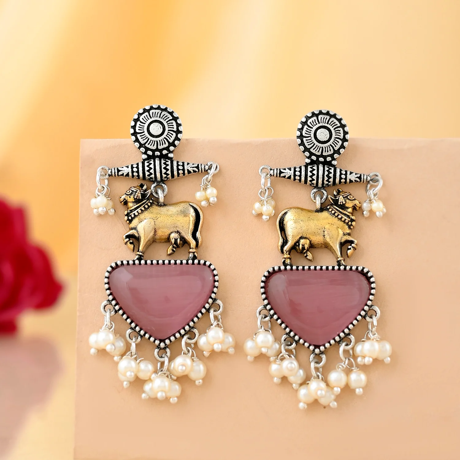 Qasbah Gaumata Oxidised Two Tone Dangler Earrings