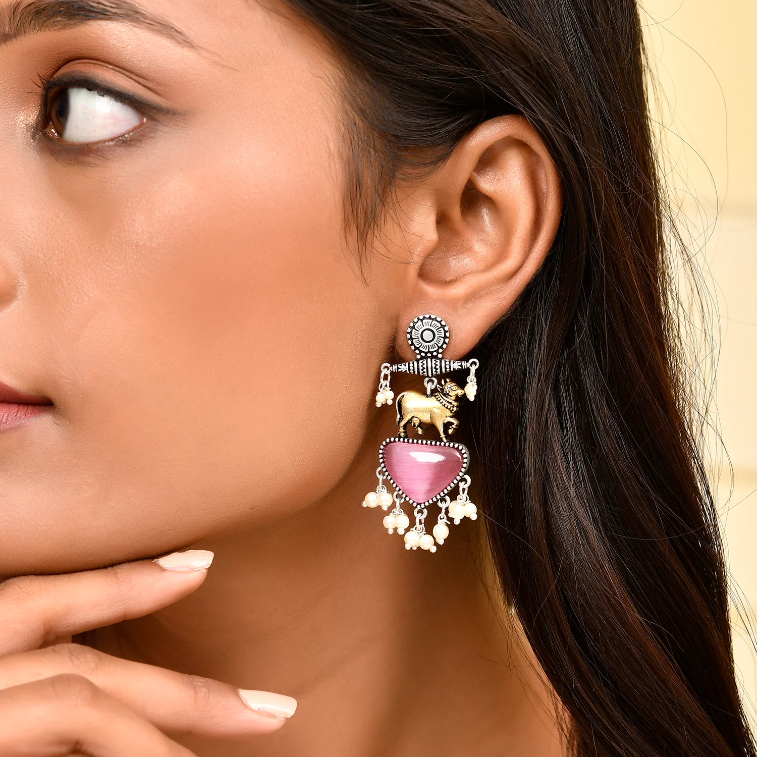 Qasbah Gaumata Oxidised Two Tone Dangler Earrings - Image 2