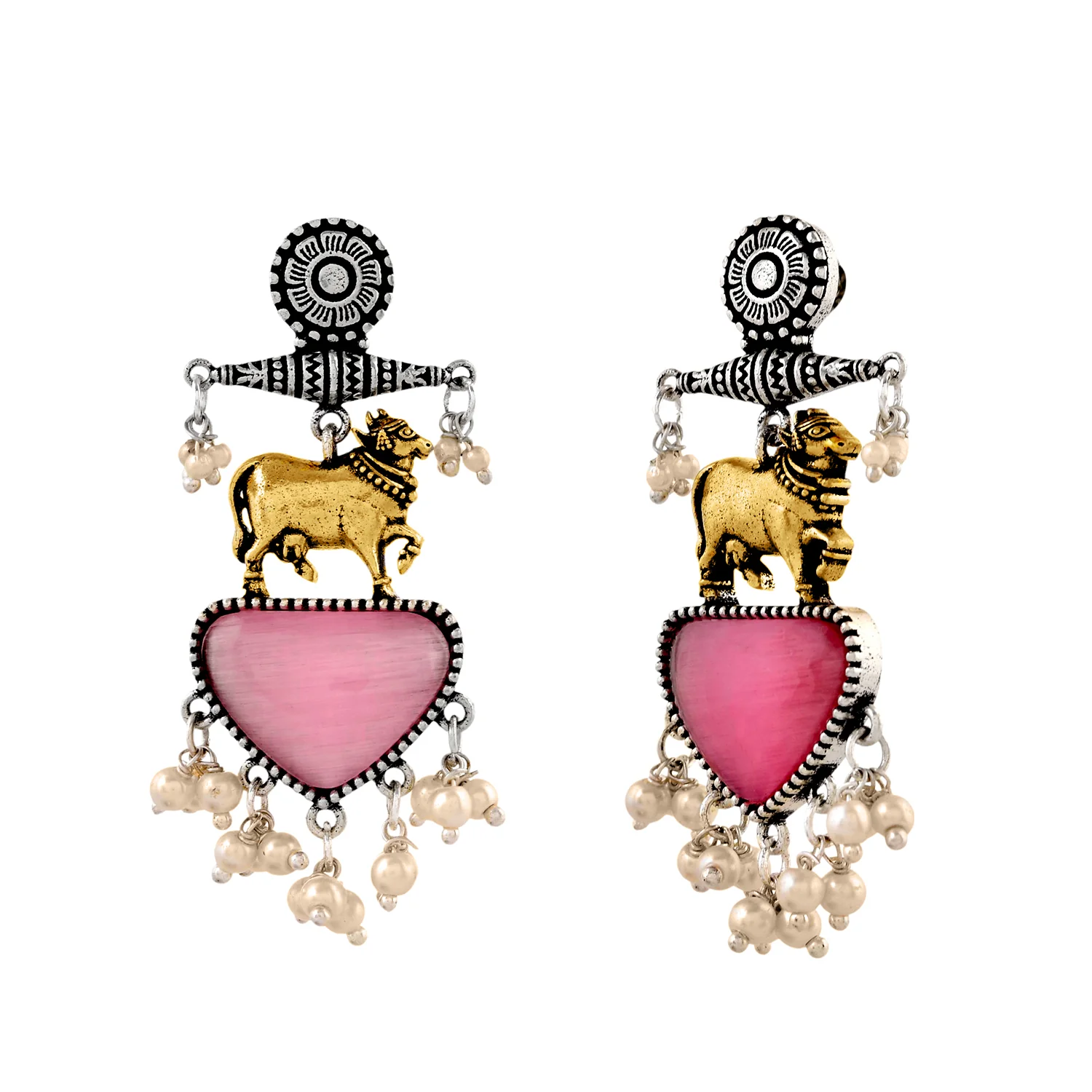 Qasbah Gaumata Oxidised Two Tone Dangler Earrings - Image 3