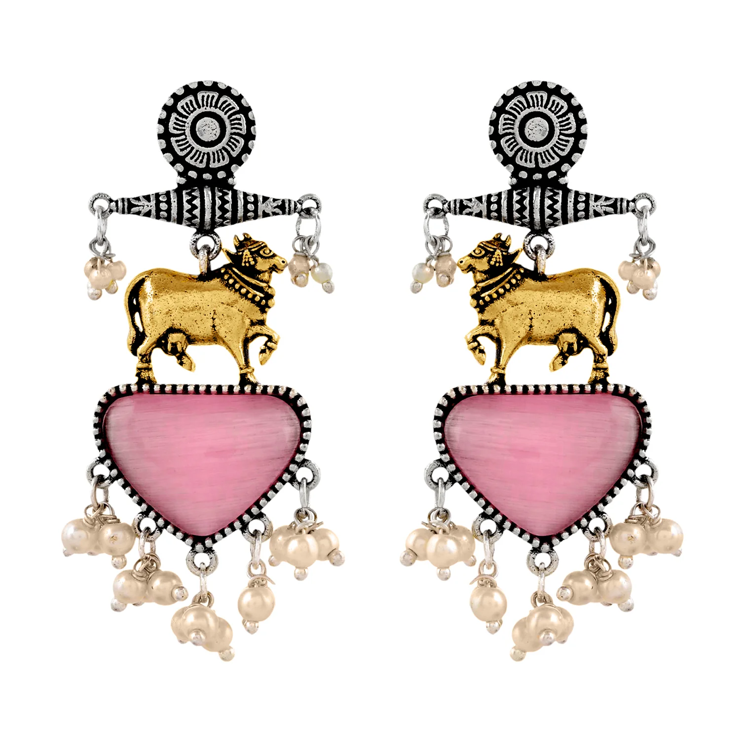 Qasbah Gaumata Oxidised Two Tone Dangler Earrings - Image 4