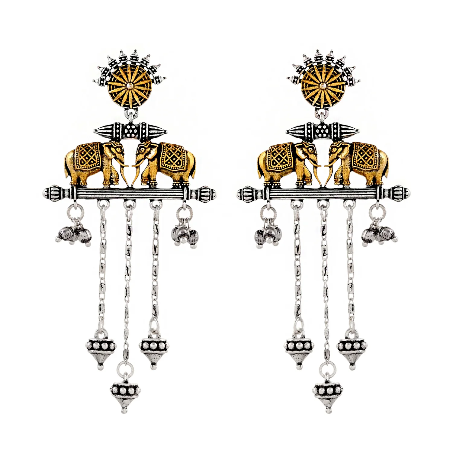 Qasbah Haathi Mere Sathi Oxidised Two Tone Dangler Earring - Image 4