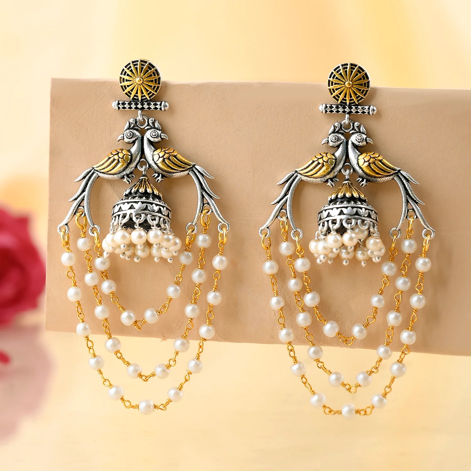 Qasbah Mayura Oxidised Two Tone Dangle Earrings