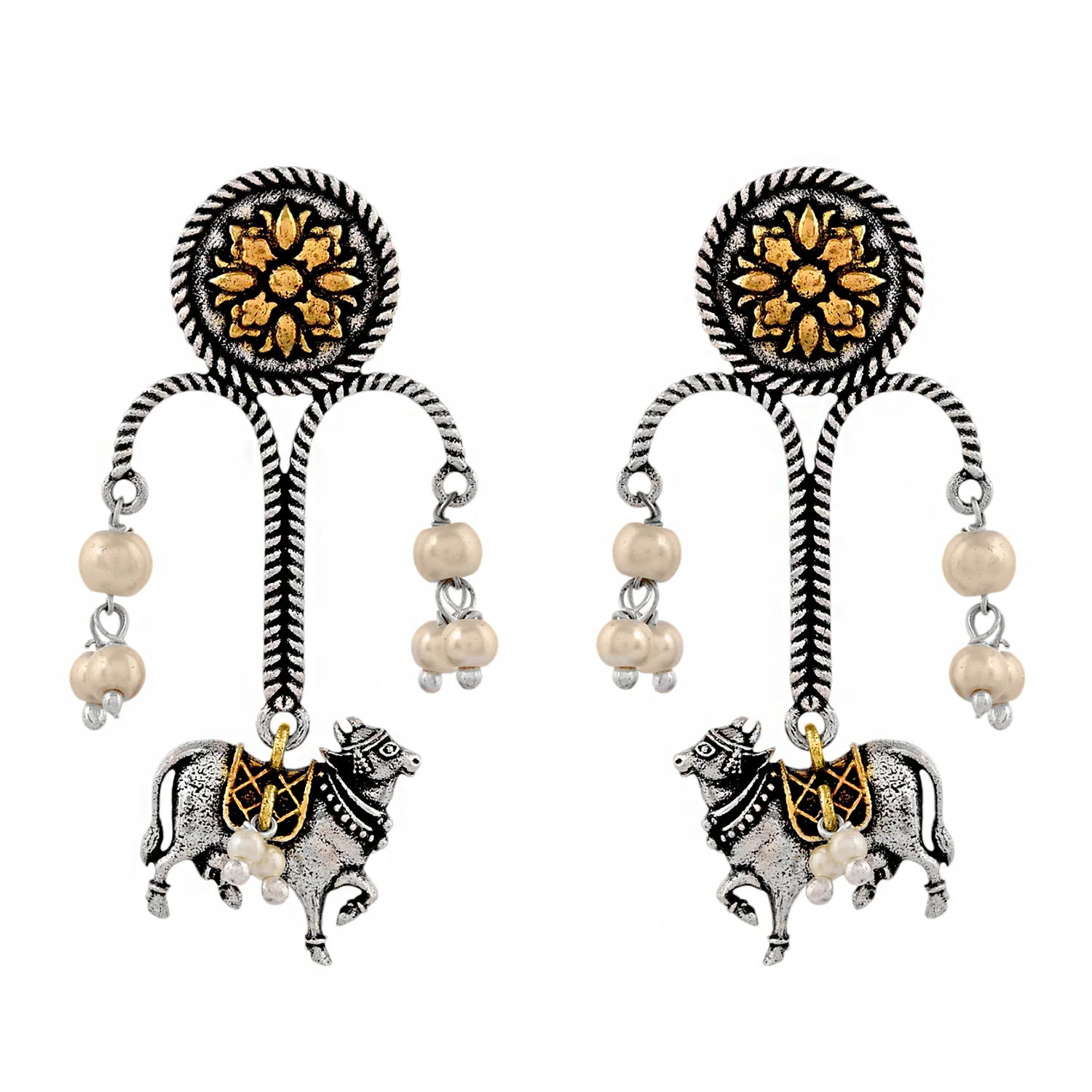 Qasbah Nandi Oxidised Two Tone Dangle Earrings - Image 4