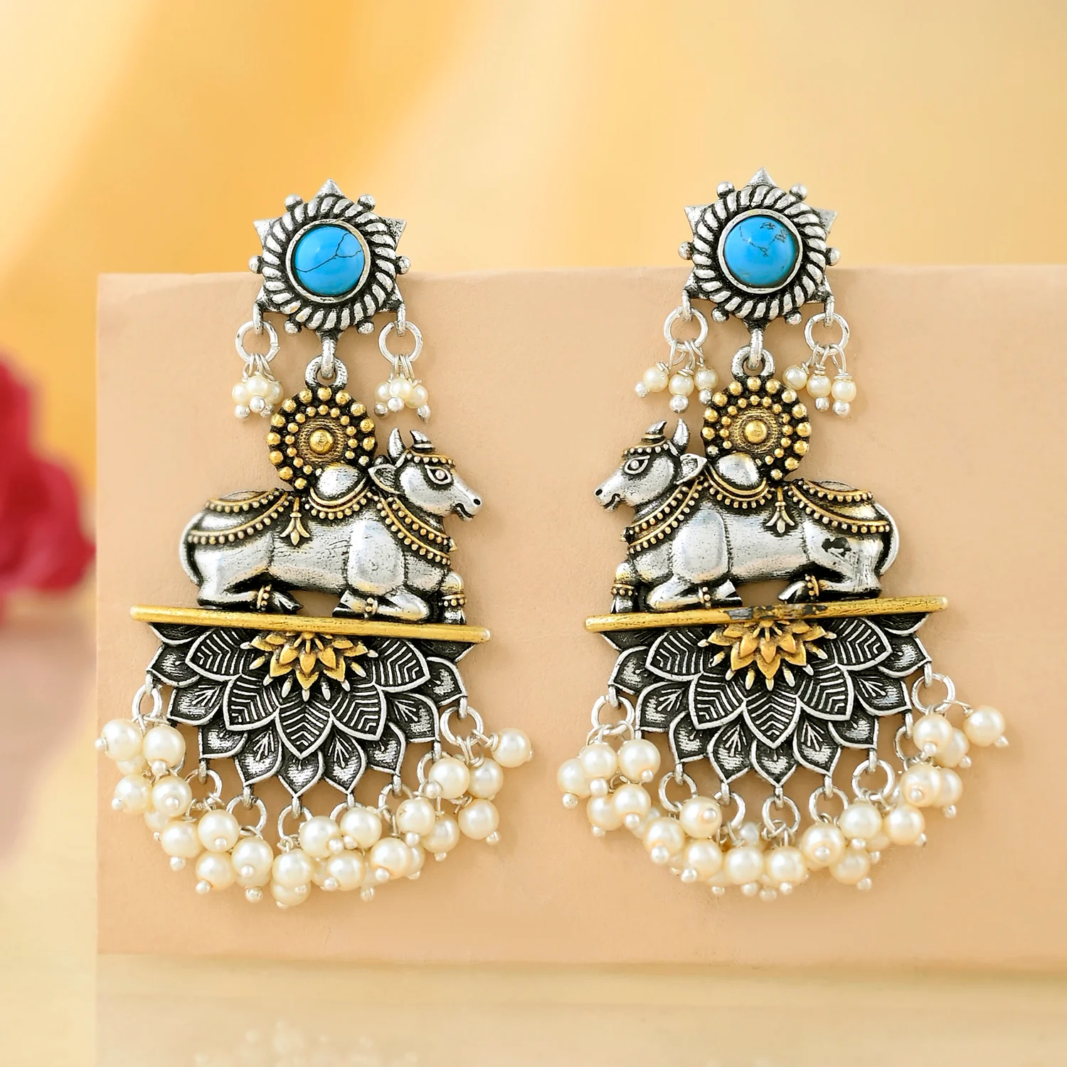 Qasbah Nandi Oxidised Two Tone Dangler Earrings