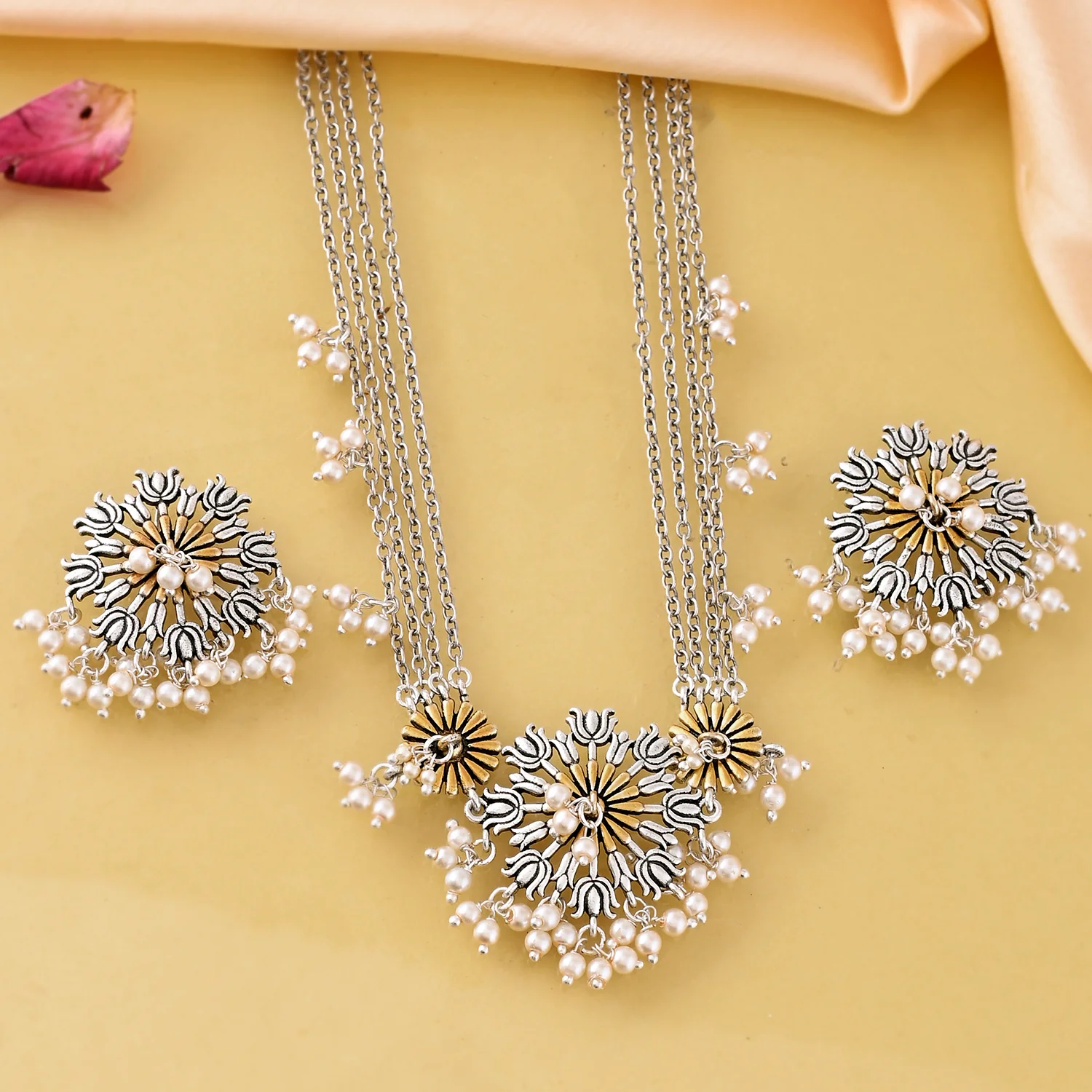 Qasbah Padma Oxidised Two Tone Necklace Set