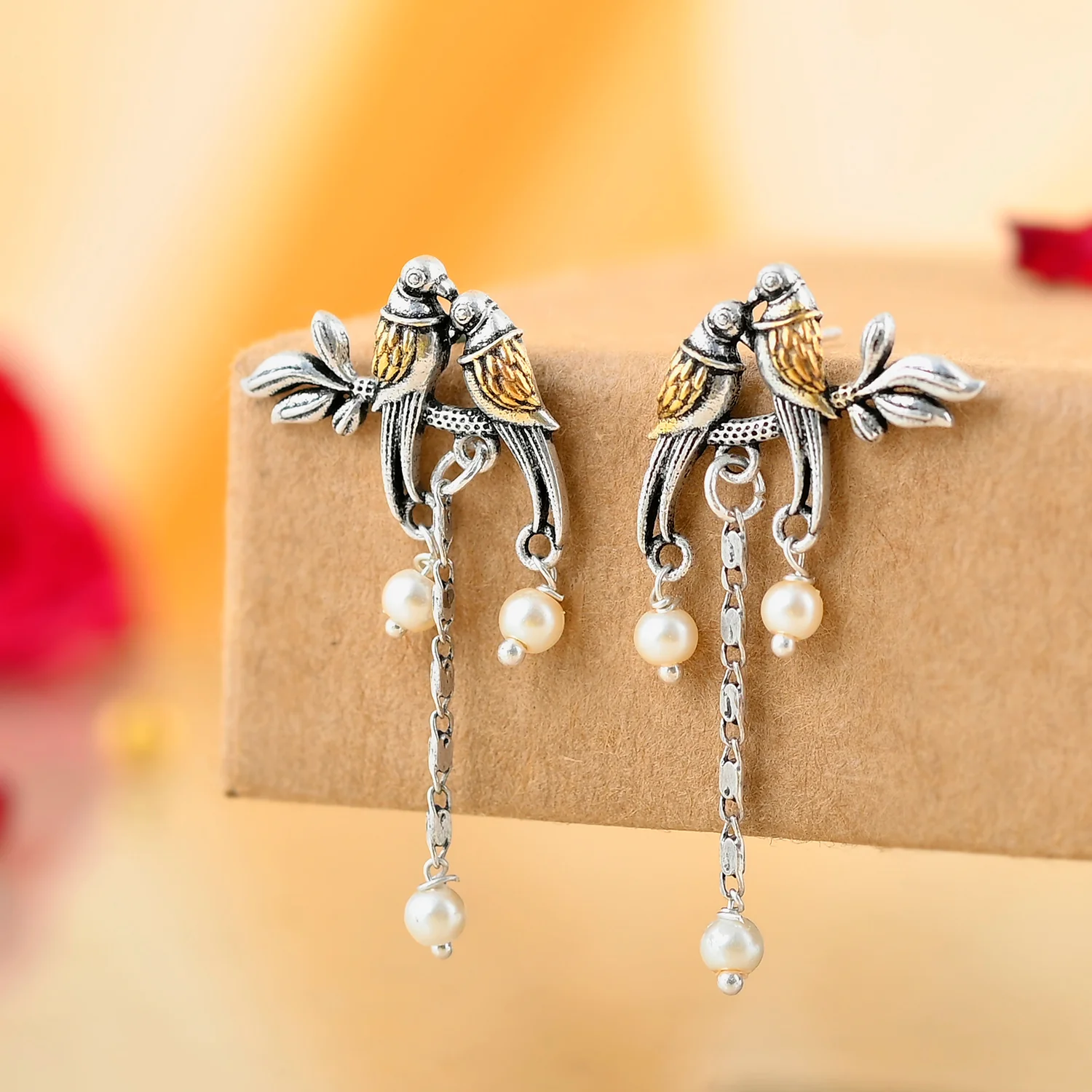 Qasbah Tota Maina Oxidised Two Tone Stud Earrings