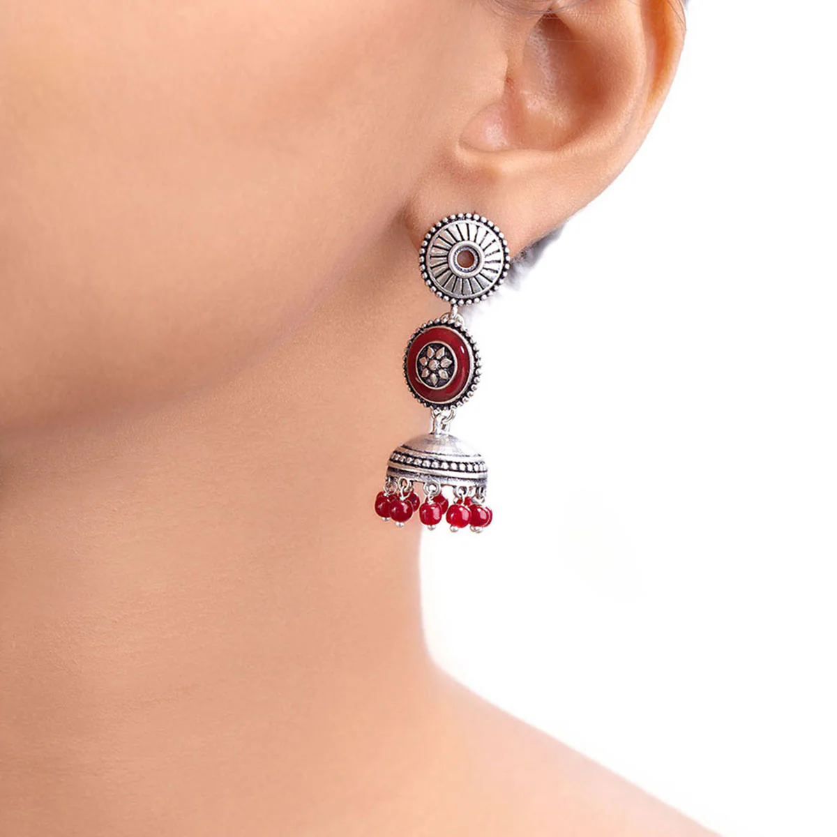 Rangabati Layered Maroon Beads Earrings - Image 2