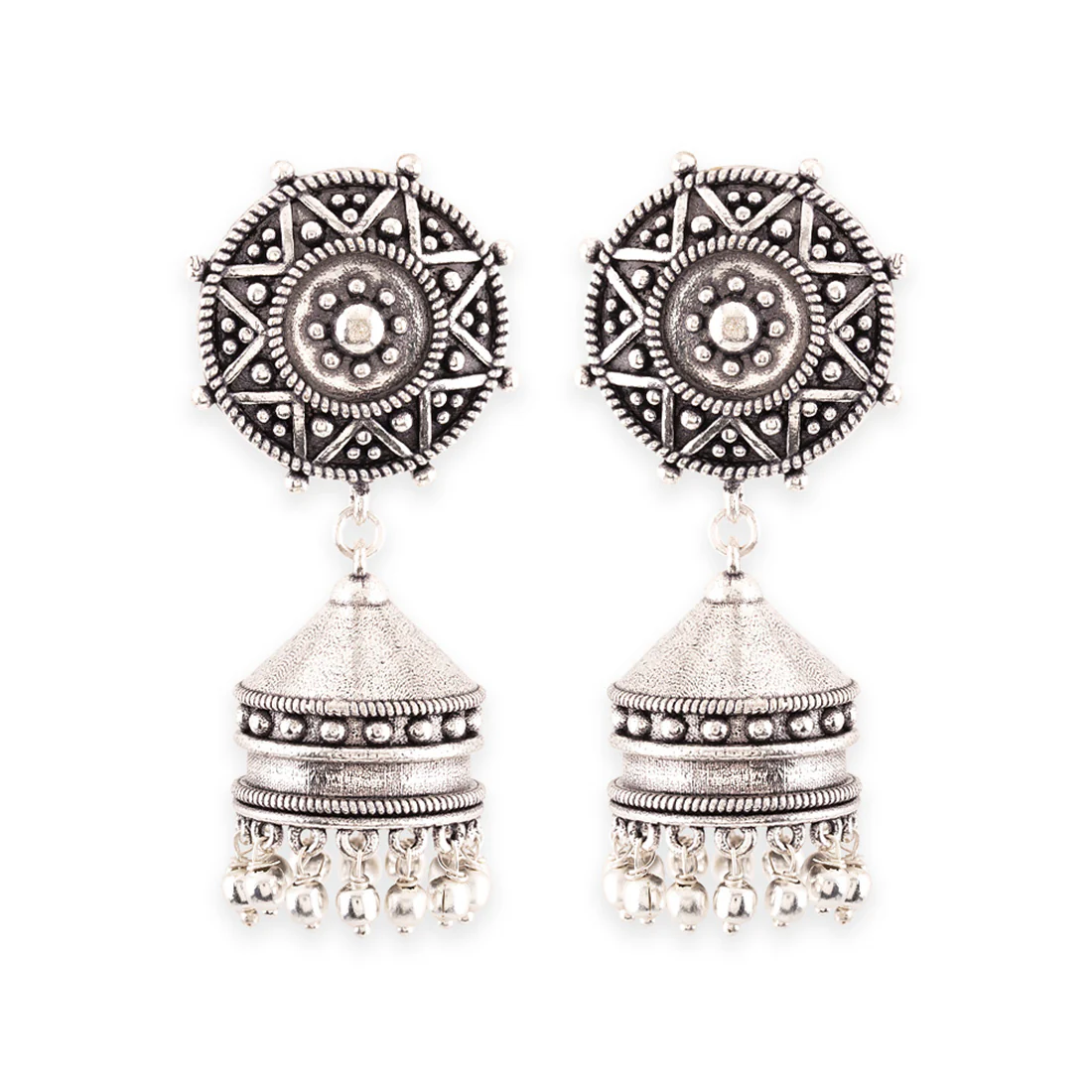Rava Ball Ghungroo Drop Silver Oxidized Plated Earrings - Image 3