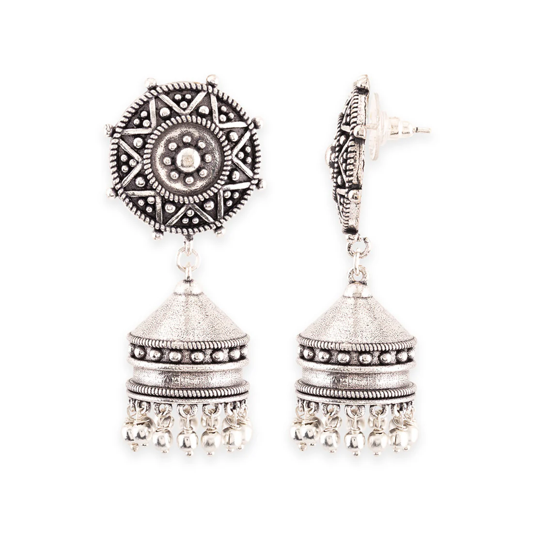 Rava Ball Ghungroo Drop Silver Oxidized Plated Earrings - Image 4