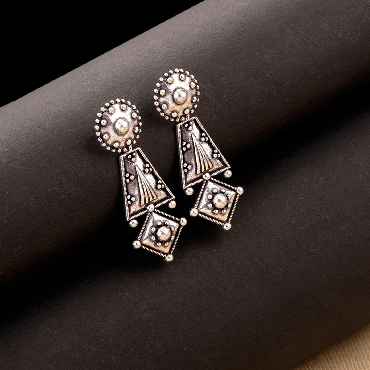 Rava Ball Oxidized Geometric Long Earrings
