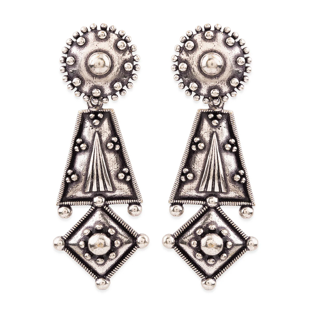 Rava Ball Oxidized Geometric Long Earrings - Image 3