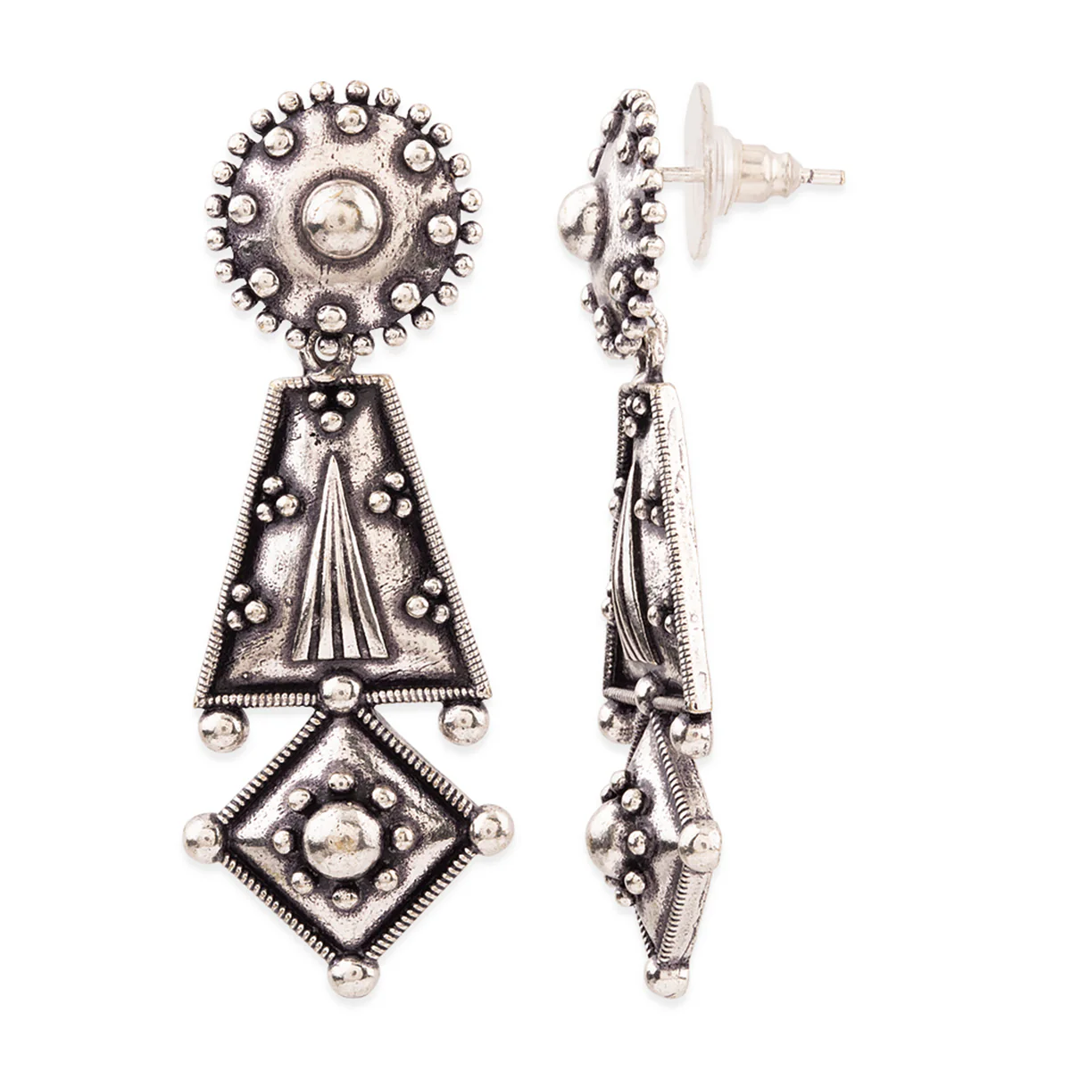 Rava Ball Oxidized Geometric Long Earrings - Image 4
