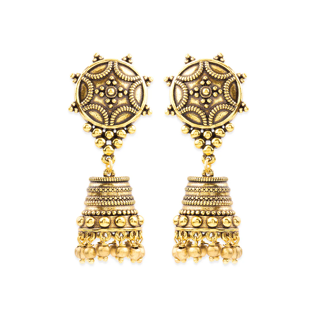 Rava Ball Oxidized Gold Jhumka Earrings - Image 3