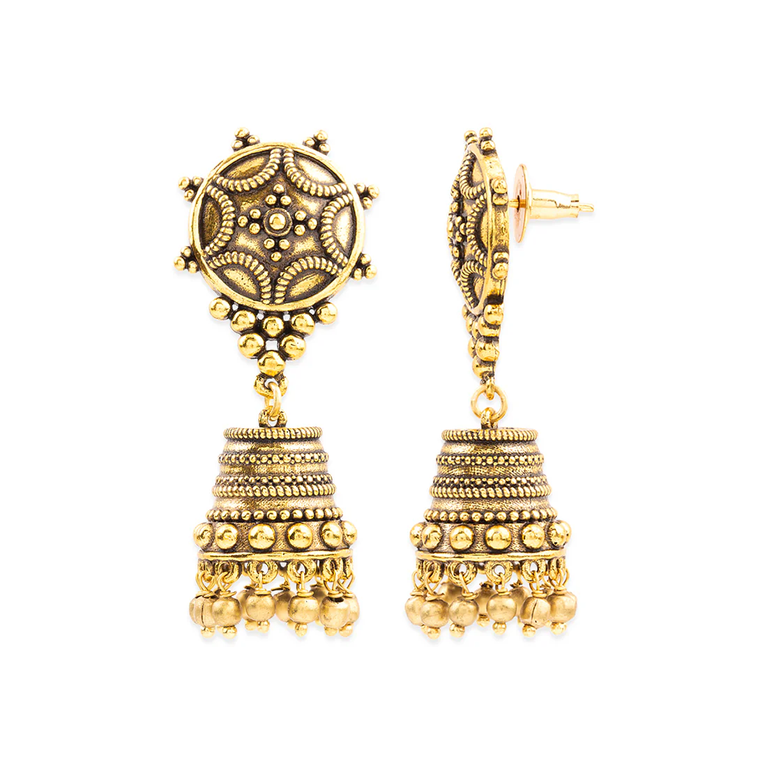 Rava Ball Oxidized Gold Jhumka Earrings - Image 4
