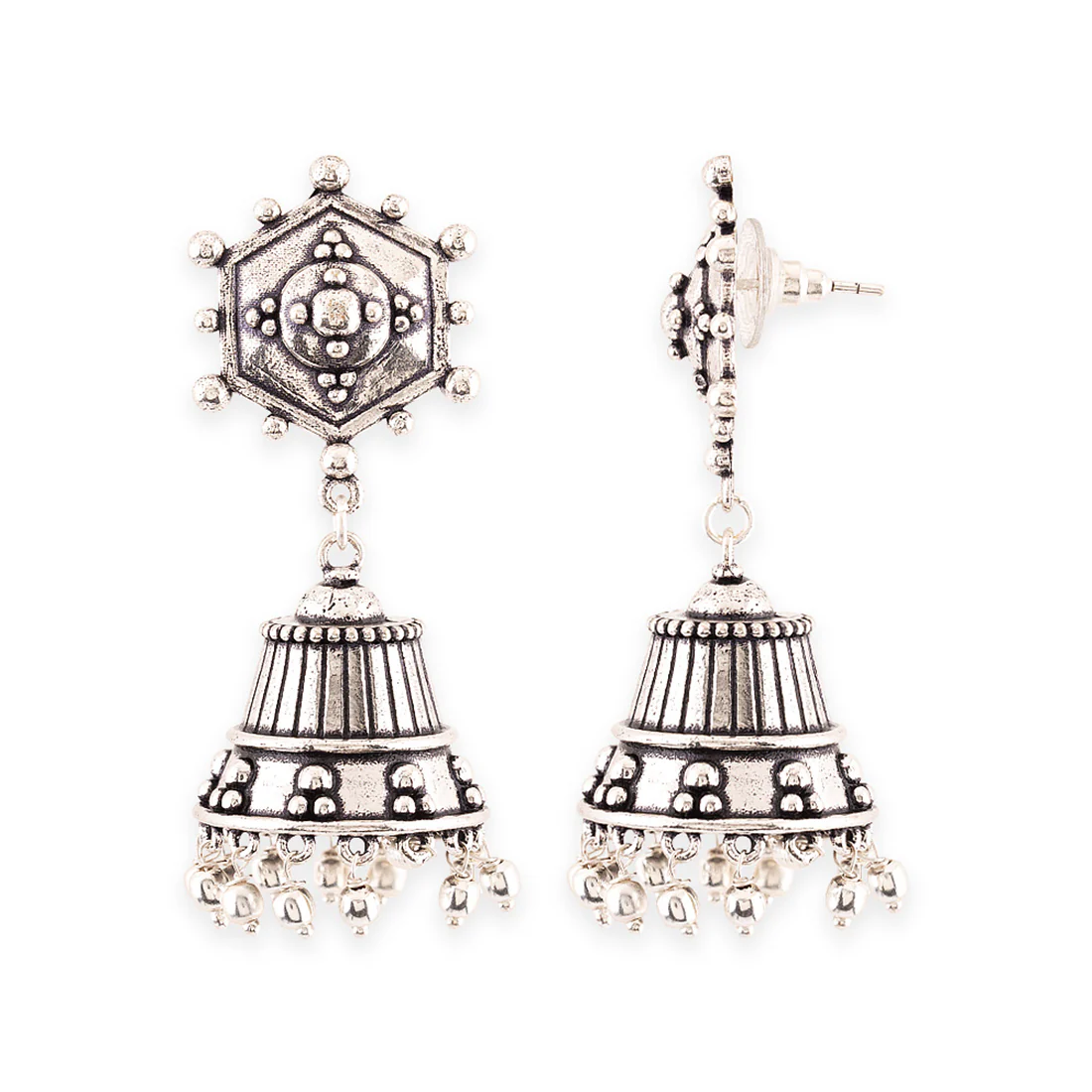 Rava Ball Oxidized Silver Plated Jhumkas - Image 4