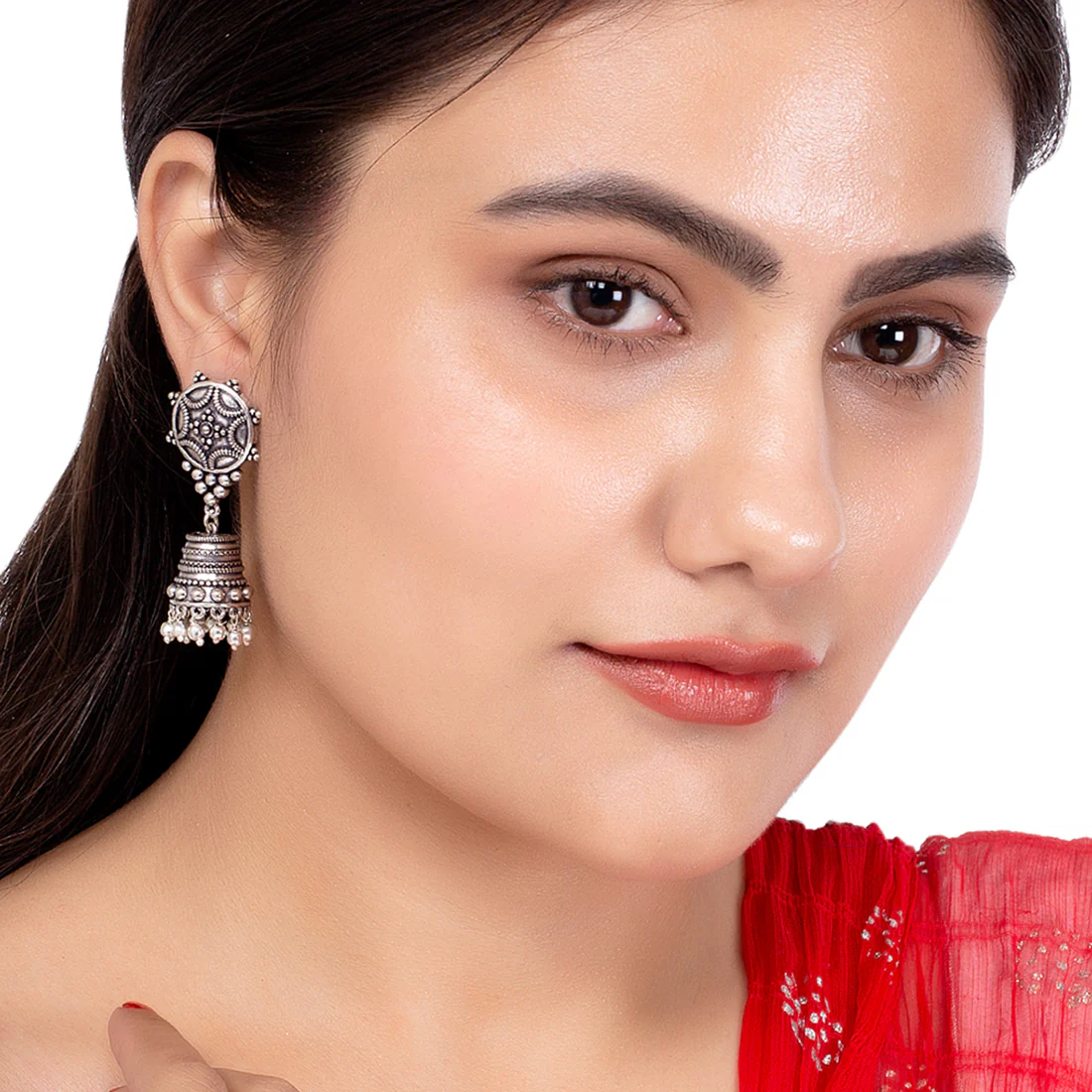 Rava Ball Silver Oxidized Jhumka Earrings - Image 2