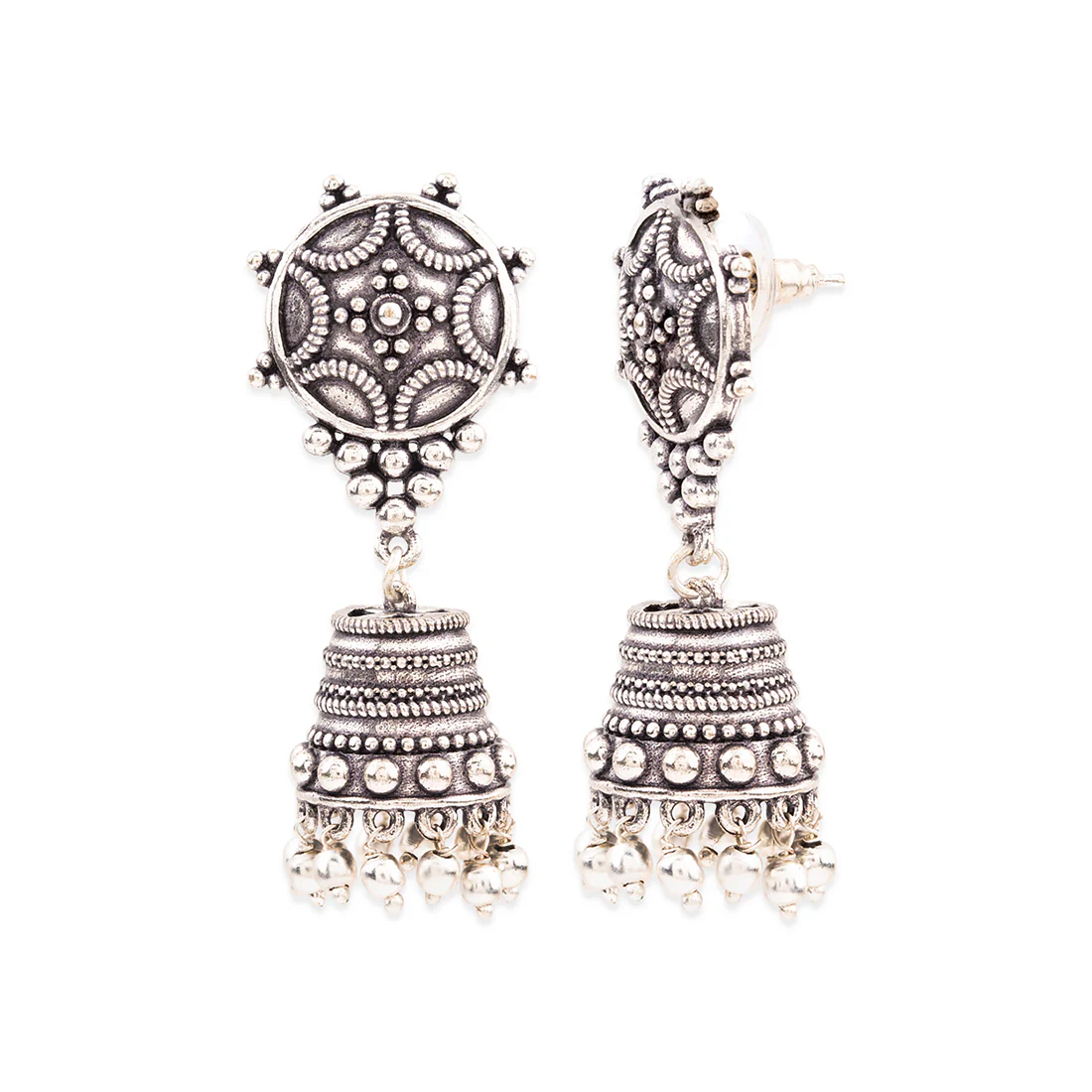 Rava Ball Silver Oxidized Jhumka Earrings - Image 4
