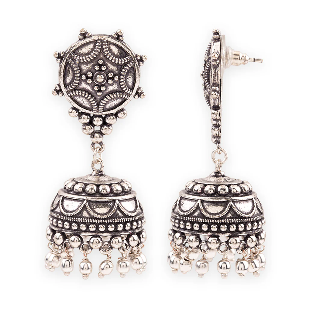 Rava Ball Silver Oxidized Jhumka Earrings - Image 4
