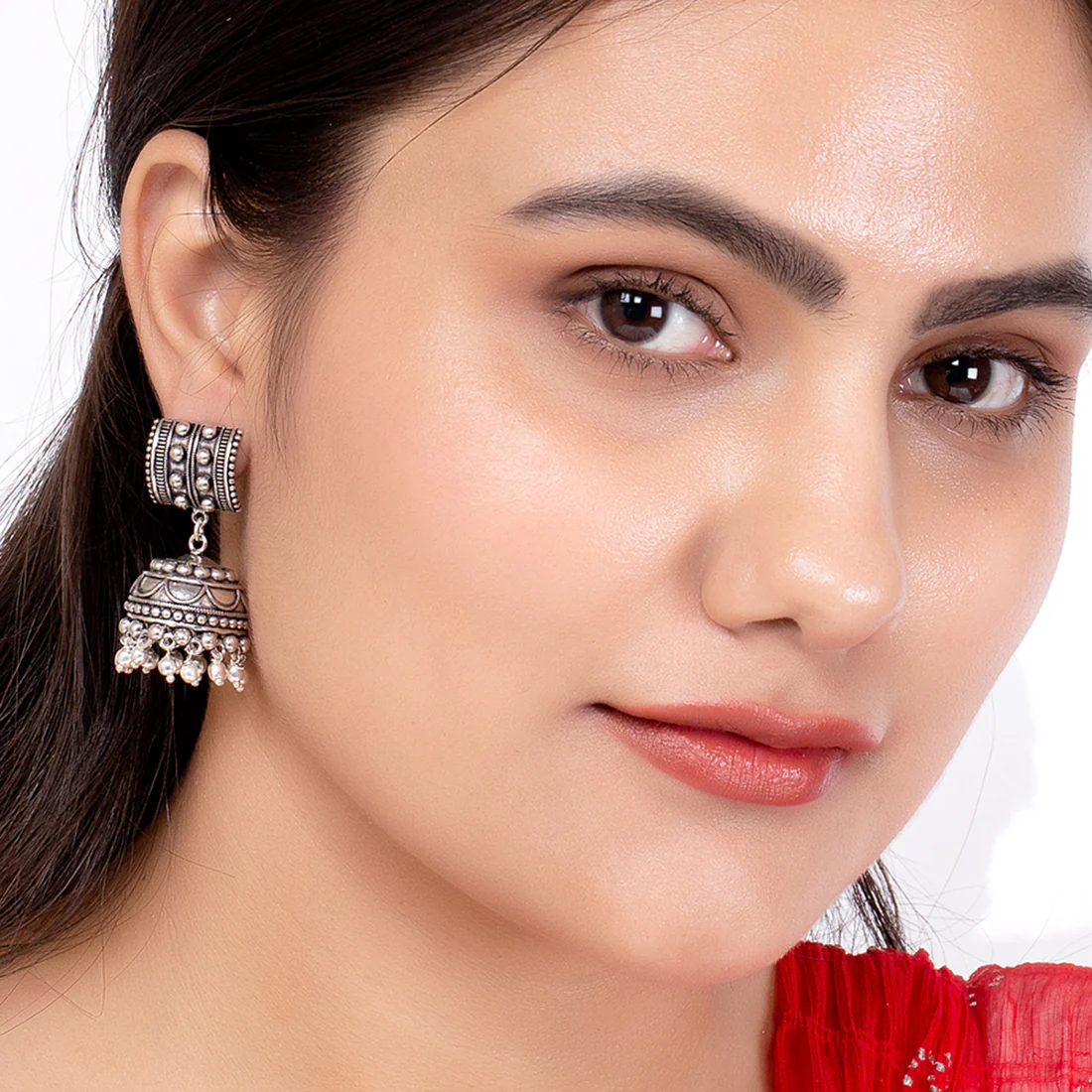 Rava Ball Silver Oxidized Jhumka Earrings - Image 2