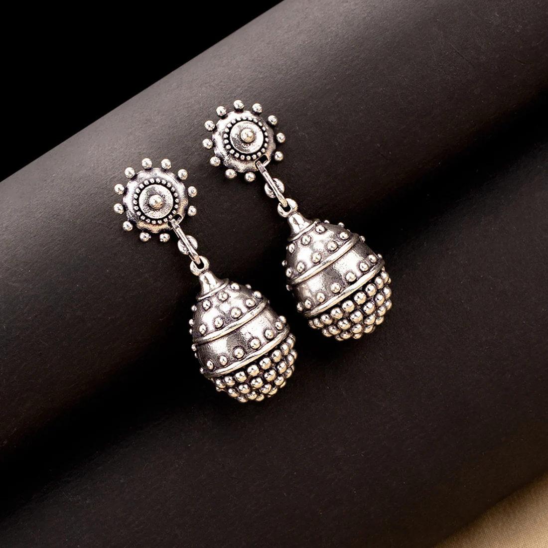 Rava Ball Silver Oxidized Round Earrings