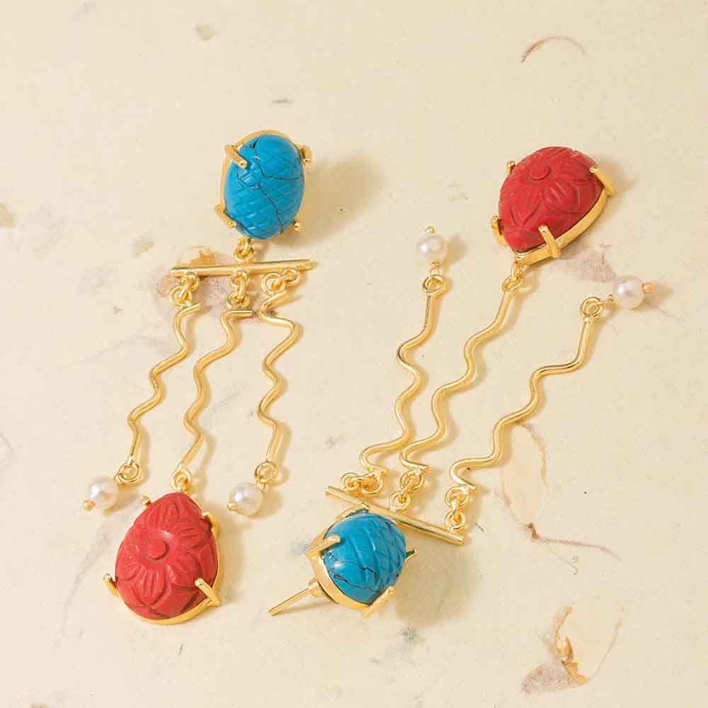 Red-Blue Beads Studded Trendy Golden Dangler Earrings