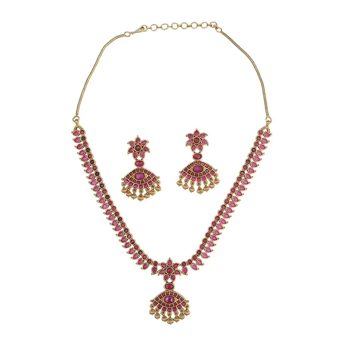 Red CZ Adorned Floral Motifs Brass Gold Plated Jewellery Set - Image 3
