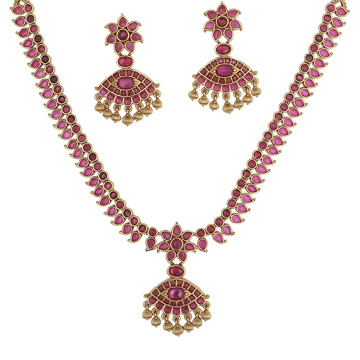 Red CZ Adorned Floral Motifs Brass Gold Plated Jewellery Set - Image 4