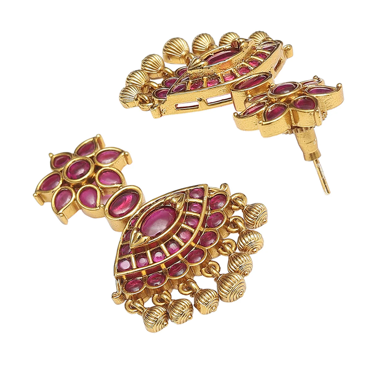 Red CZ Adorned Floral Motifs Brass Gold Plated Jewellery Set - Image 5