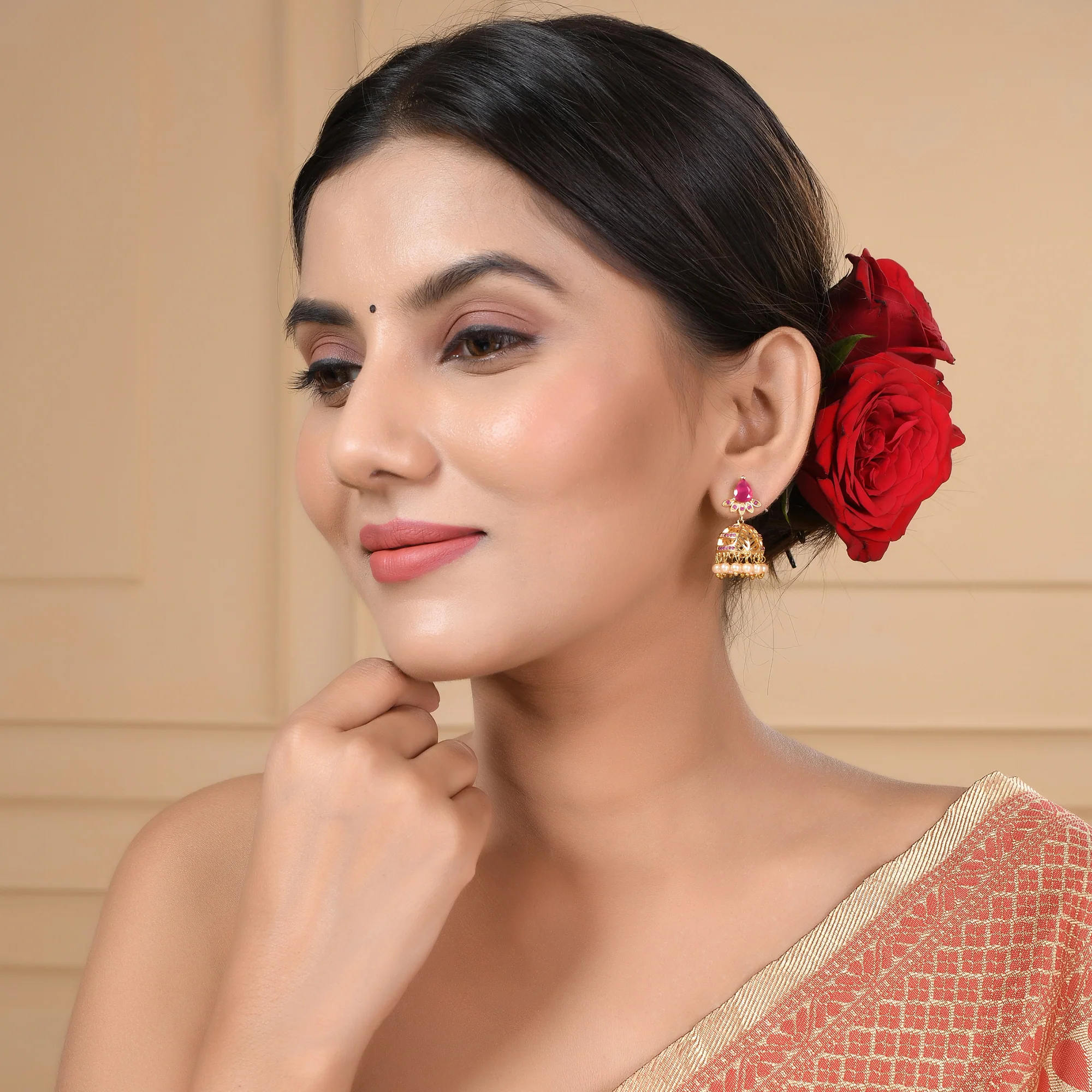 Red Drop Gold Toned Pearl Studded Earrings - Image 2