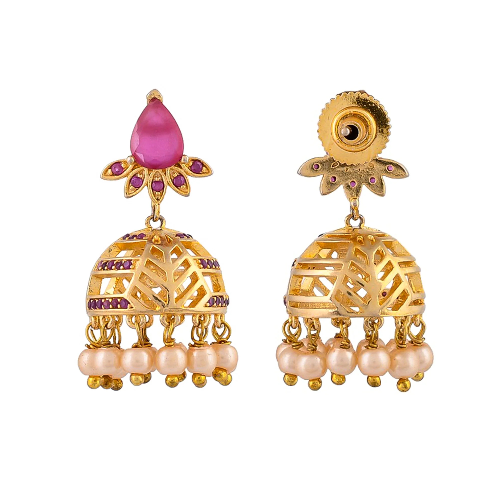 Red Drop Gold Toned Pearl Studded Earrings - Image 5