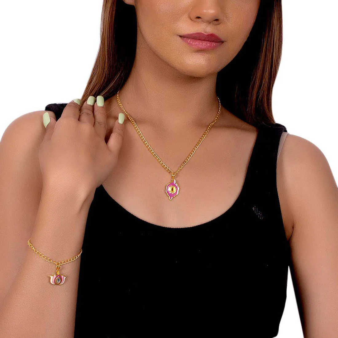 Red Enameled Charms Pendant With Chain and Bracelets - Image 2