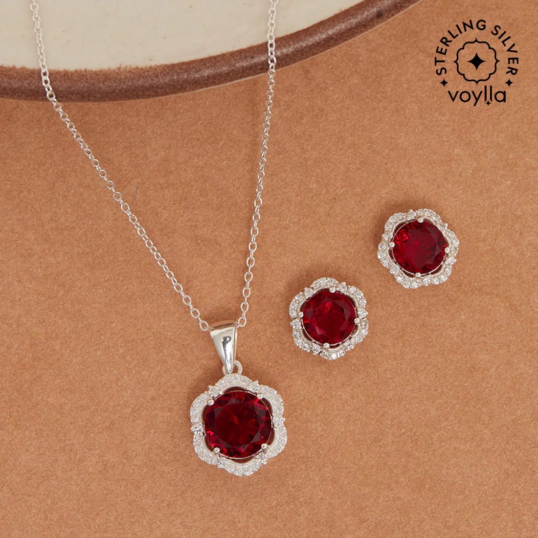 Red Hexagonal CZ Surrounded 925 Sterling Silver Pendant Set