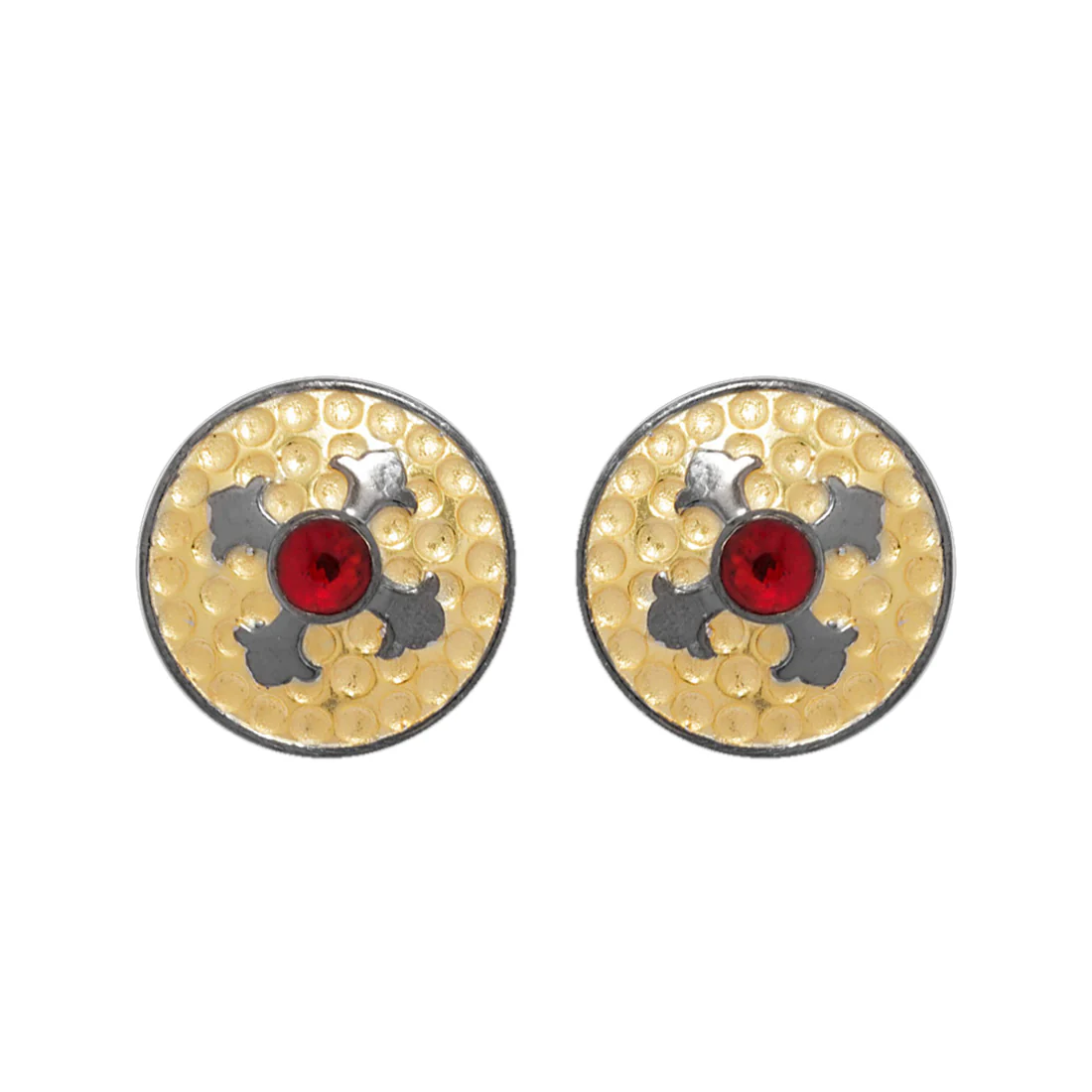 Red Stone Adorned Floral Motif Engraved Round Studs in Shining Black and Gold Finish - Image 3
