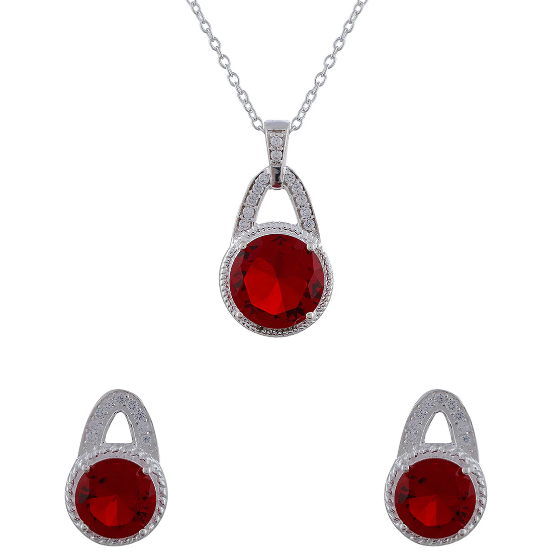 Red Stone Studded 925 Sterling Silver Pendant Set - Image 3