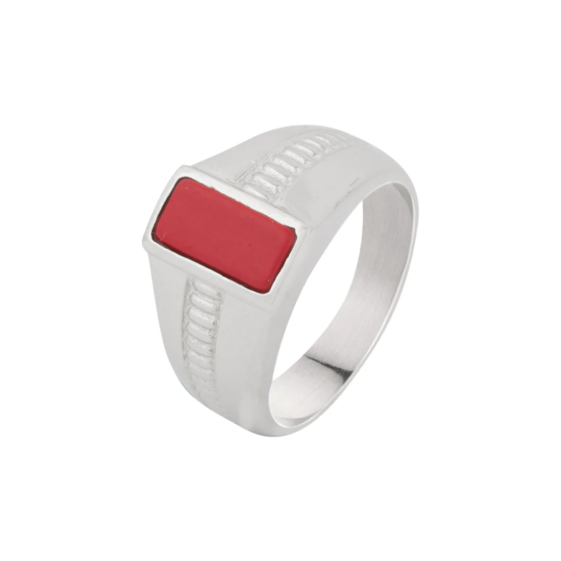 Red Stone Studded Silver Milestone Band Ring - Image 3
