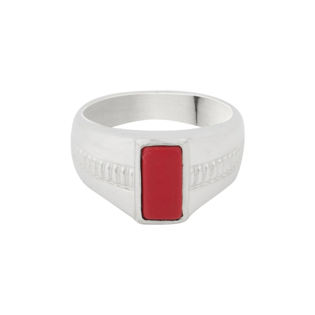 Red Stone Studded Silver Milestone Band Ring - Image 4